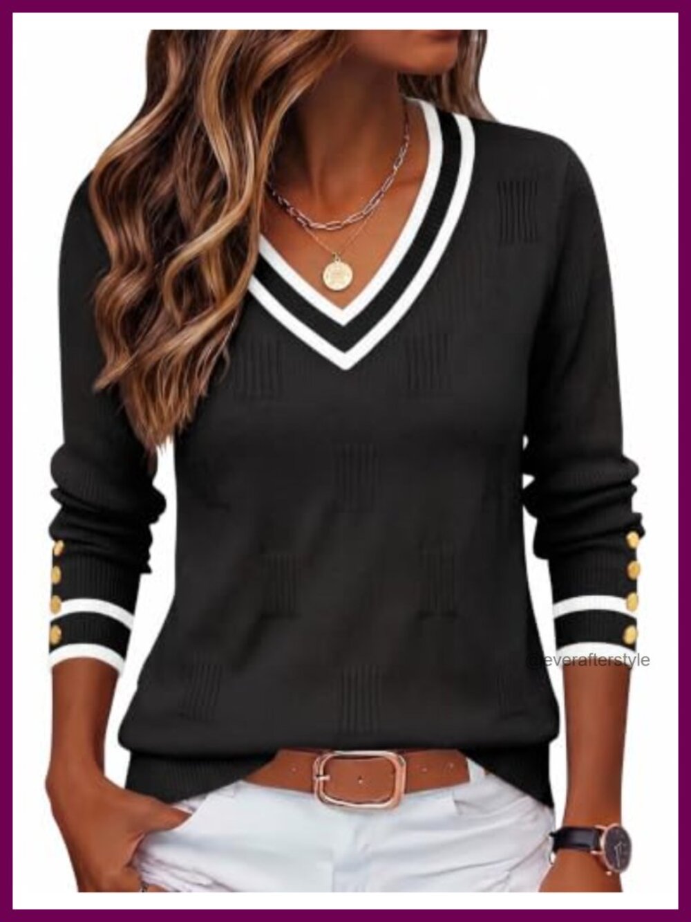 V Neck Long Sleeve Pullover Sweater with Button Cuffs